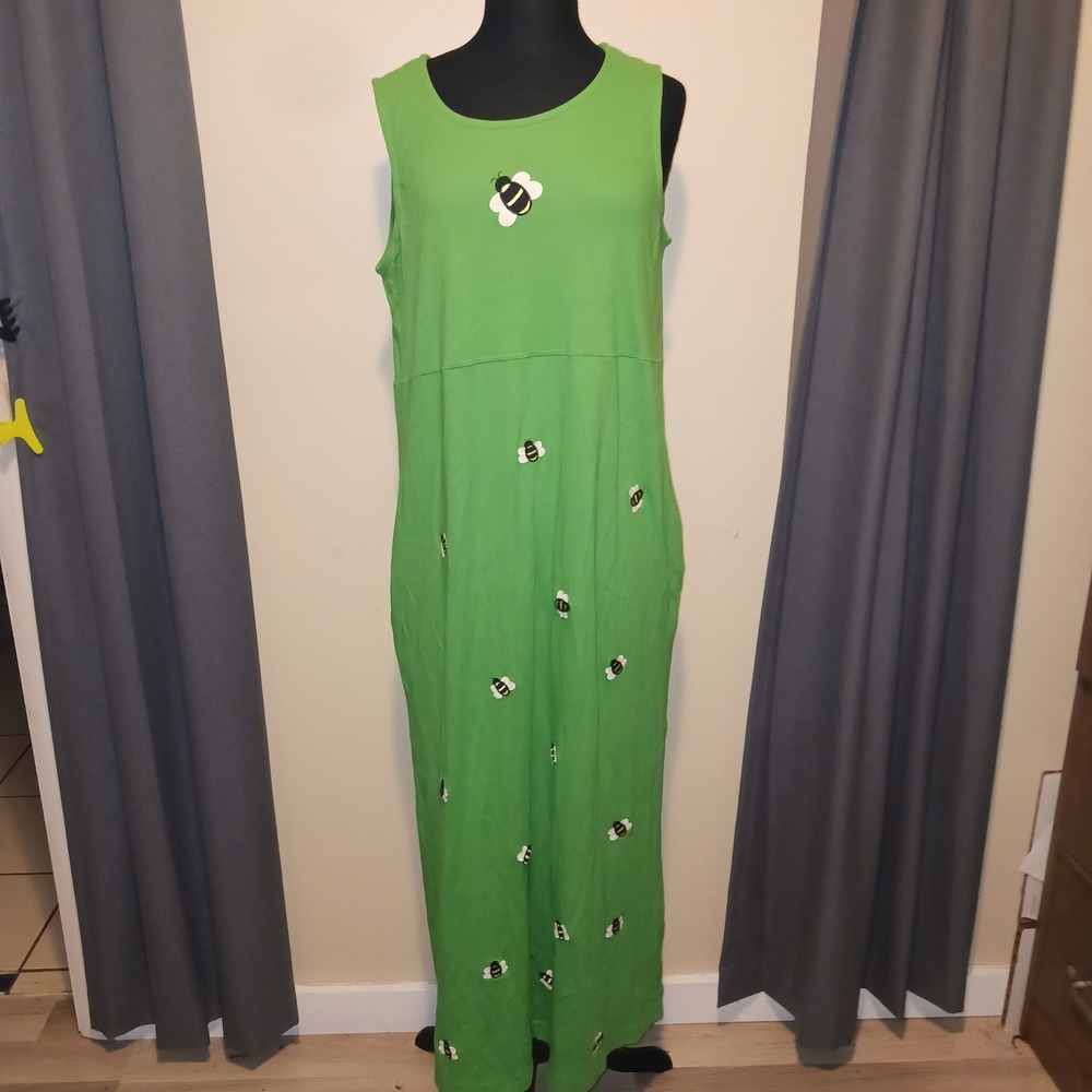 New Vintage Bechamel Cottagecore Bumble Bee Embroidered Cotton Maxi Dress L